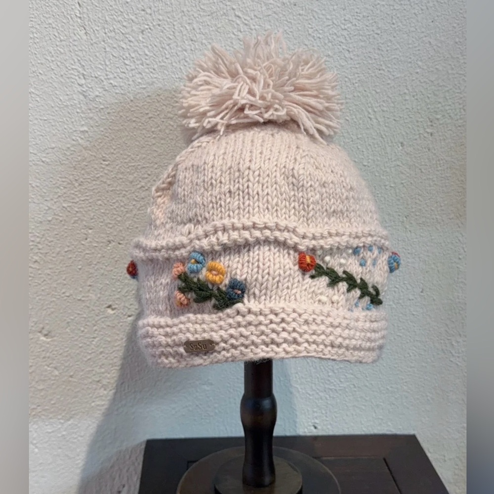 Handmade in Nepal Elegant Blush Pink Knit Hat with Floral Embroidery 100% Wool